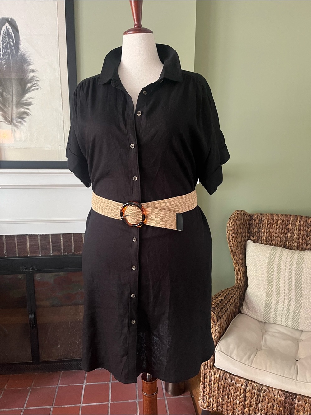 Black Linen Shirt Dress | XXL | Button Front